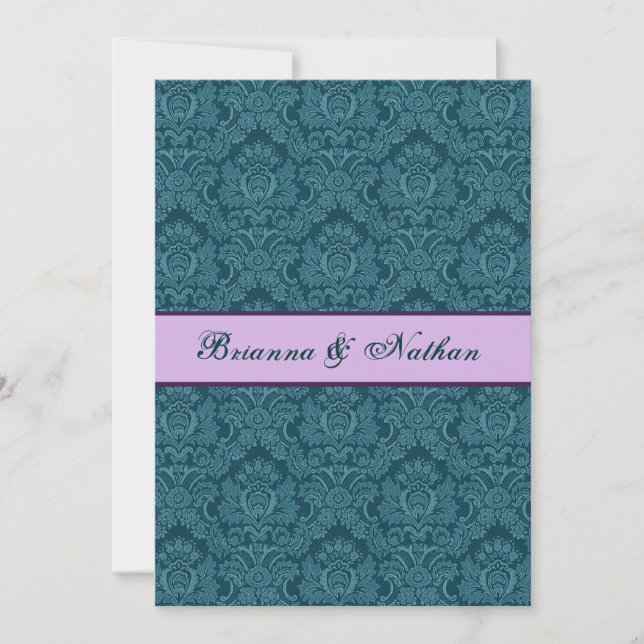Invitation TURQUOISE et PURPLE Mariage damassé (Devant)