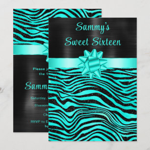 Invitation Turquoise et rayures zébrées noires Sweet Sixteen