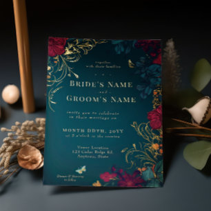 Invitation turquoise et rouge à huile florale à bi