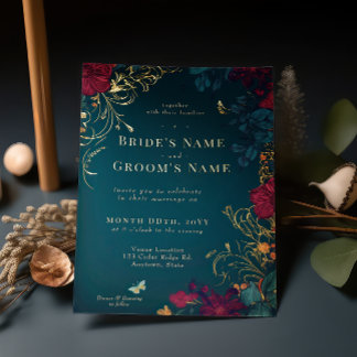 Invitation turquoise et rouge à huile florale à bi