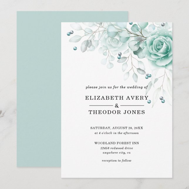 Invitation Turquoise et sauge greens Floral Mariage Invitatia (Devant / Derrière)