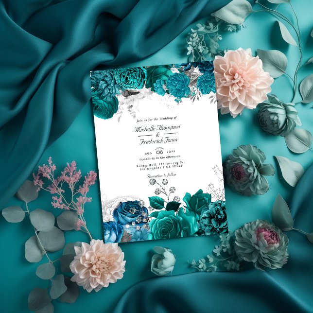 Invitation Turquoise et Silver Floral Mariage QR Code Rsvp (Créateur téléchargé)