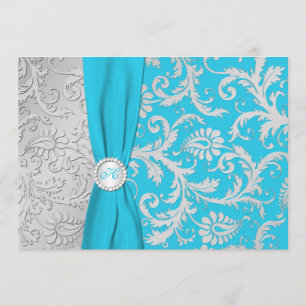 Invitation Turquoise et Silver Mariage damassé