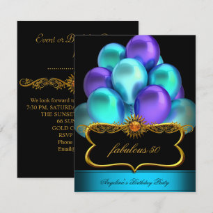 Invitation Turquoise Fabrique Black Gold Balloons fête d'anni