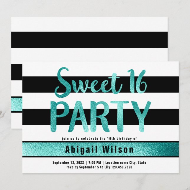 Invitation Turquoise fête d'anniversaire de sweet sixteen noi (Devant / Derrière)
