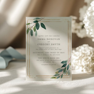 Invitation Turquoise Feuille Gold Frame Botanical Green Maria