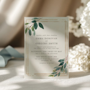 Invitation Turquoise Feuille Gold Frame Botanical Green Maria