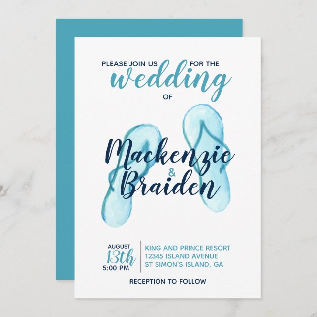 Invitation Turquoise Flip Flops Beach Wedding (Devant / Derrière)