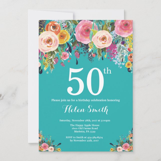 Invitation Turquoise Floral 50e anniversaire (Devant)