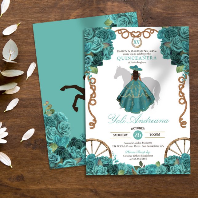 Invitation Turquoise Floral Charro Ranch Ouest Quinceanera (Créateur téléchargé)