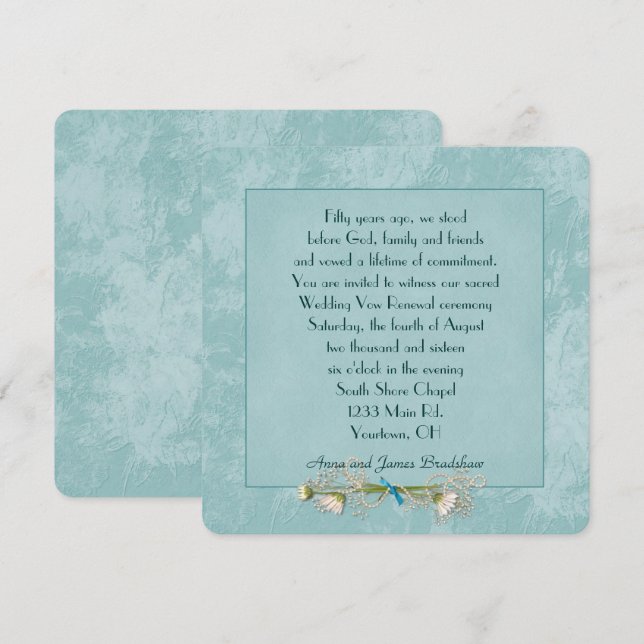 Invitation Turquoise Floral Embossé Mariage Vow Renouvellemen (Devant / Derrière)