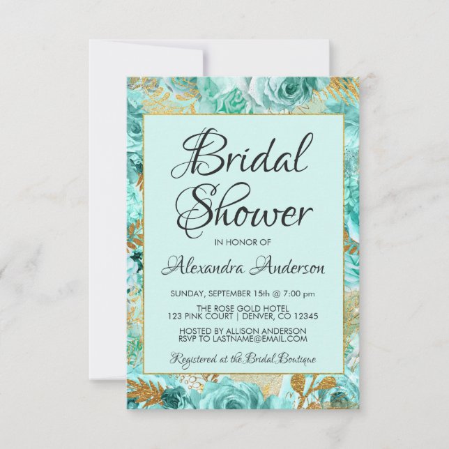 Invitation Turquoise Floral Rose Fête des mariées Monogramme (Devant)