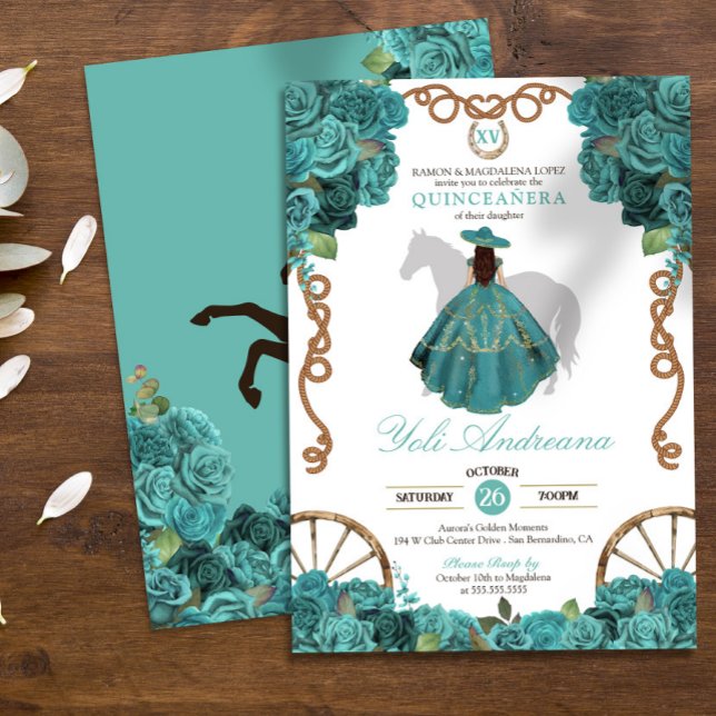 Invitation Turquoise Floral Rose Rustique Western Quinceanera (Créateur téléchargé)