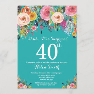 Invitation Turquoise Floral Surprise 40e anniversaire Invitat