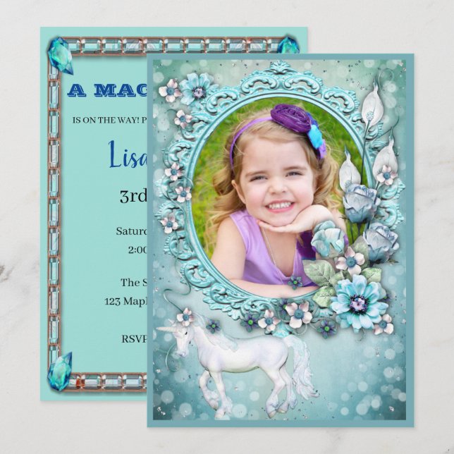 Invitation Turquoise Floral Unicorne Photo Anniversaire (Devant / Derrière)