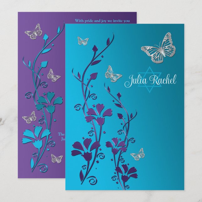 Invitation Turquoise, Floral Violet, Bat mitzvah de papillons (Devant / Derrière)