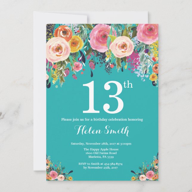 Invitation turquoise Florale 13e anniversaire (Devant)