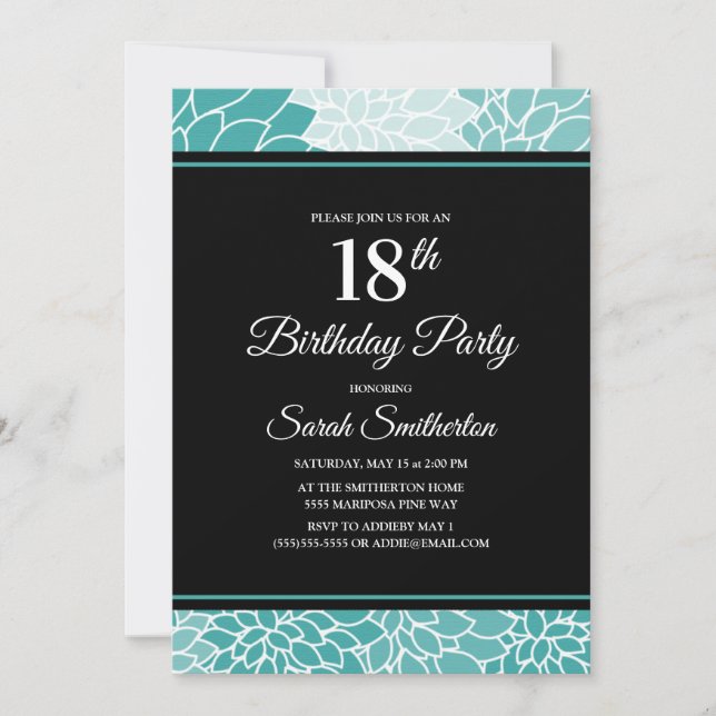 Invitation Turquoise Florale Blanche 18e fête d'anniversaire (Devant)