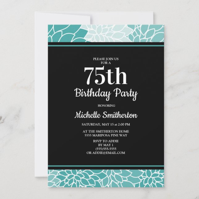 Invitation Turquoise Florale Blanche 75e Fête d'anniversaire  (Devant)