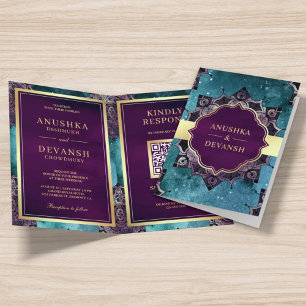 Invitation Turquoise Galaxy Purple Mandala QR Code Mariage in