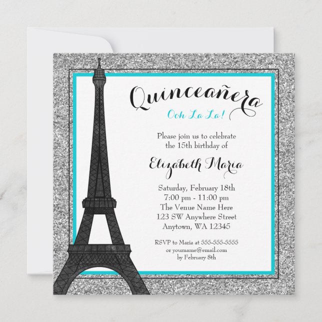 Invitation Turquoise Glam Paris Faux Parties scintillant en a (Devant)