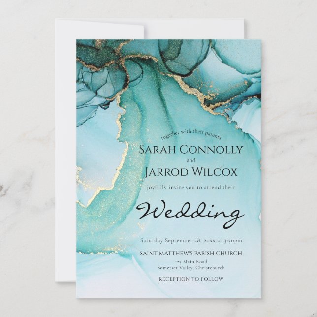 Invitation Turquoise Gold Black Moody Mariage (Devant)
