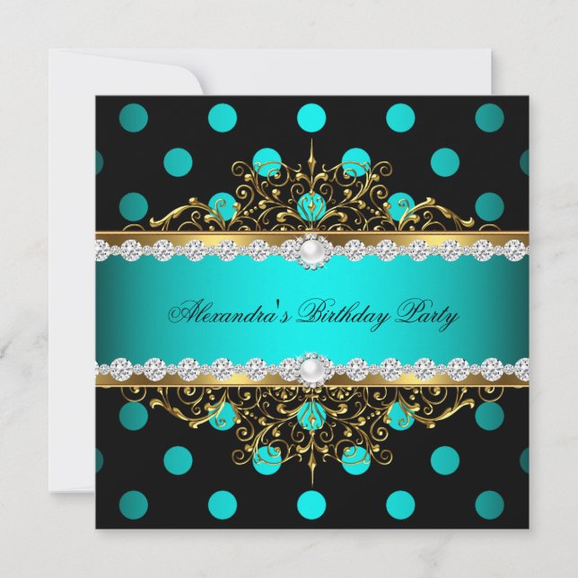 Invitation Turquoise Gold Black Pois Pearl fête d'anniversair (Devant)