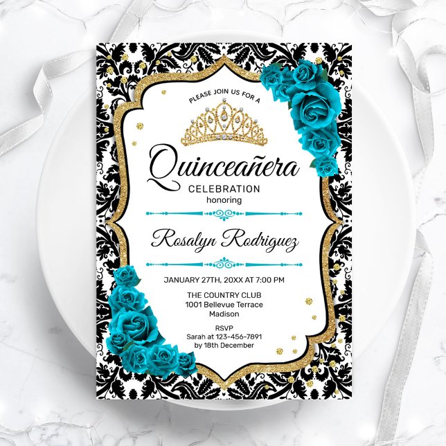 Invitation Turquoise Gold Elegant Damask Quinceanera (Créateur téléchargé)