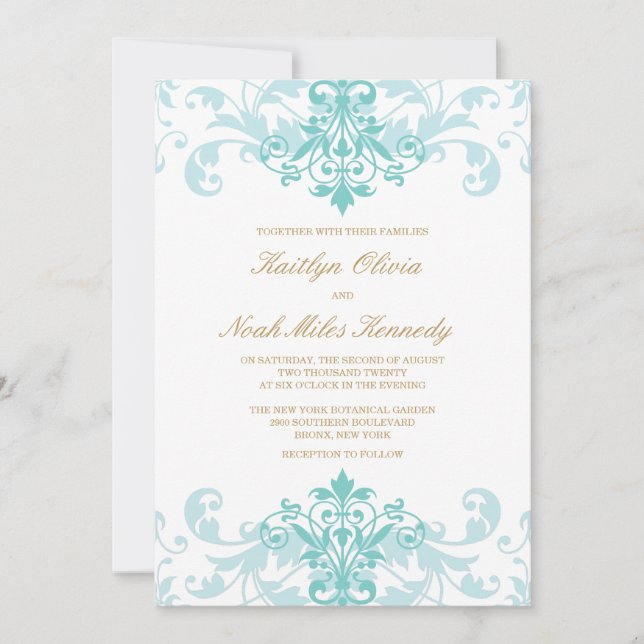 Invitation Turquoise & Gold Elegant Ironworks Classic Mariage (Devant)