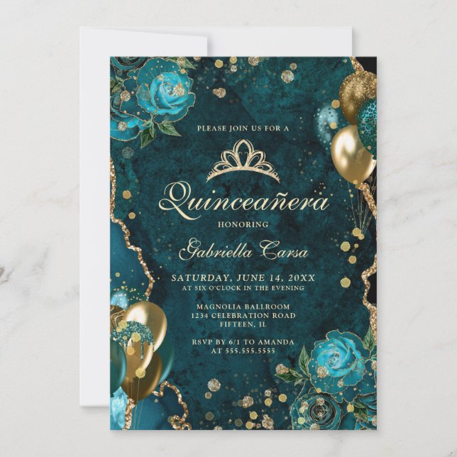 Invitation Turquoise Gold Floral Agate Photo Quinceanera (Devant)