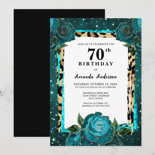 Invitation Turquoise Gold Floral Soixante-dix-septième annive (Devant / Derrière)