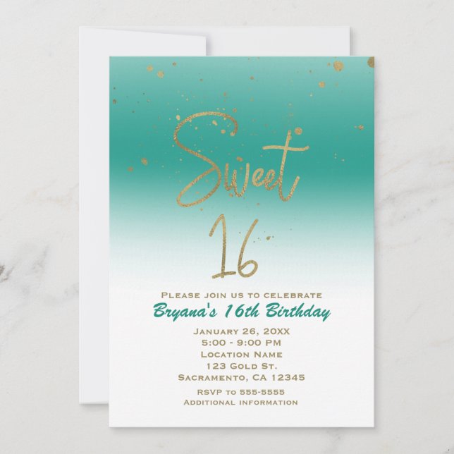 Invitation Turquoise & Gold Modern Glam SWEET 16 Anniversaire (Devant)