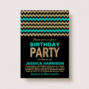 Invitation Turquoise & Gold Parties scintillant Chevron fête 