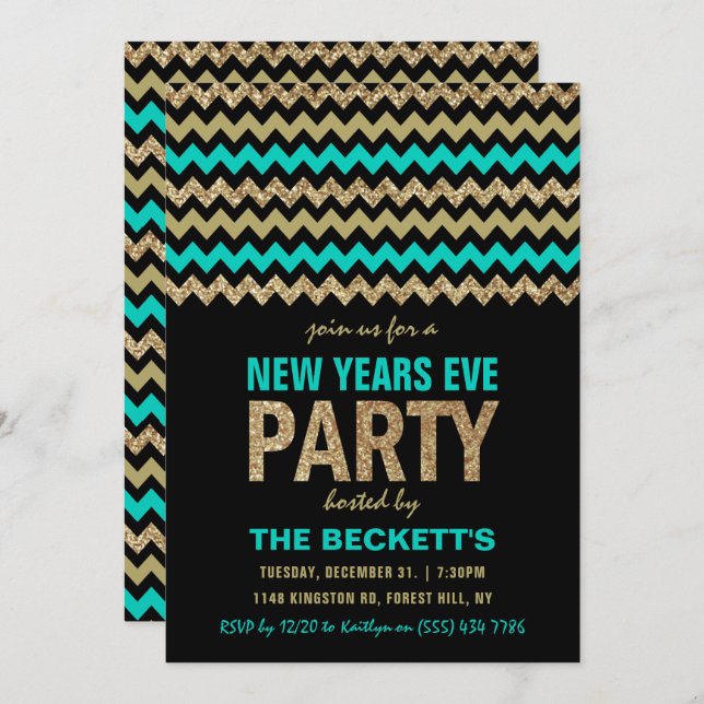 Invitation Turquoise & Gold Parties scintillant Chevron New Y (Devant / Derrière)