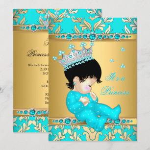 Invitation Turquoise Gold Pearl Princess Baby shower Brunette