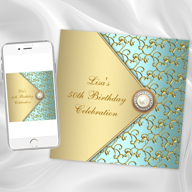 Invitation Turquoise Gold Pearl Womans 50e fête d'anniversair (Teal gold jewel any occasion invitation. Instant download and printed invitations available.)