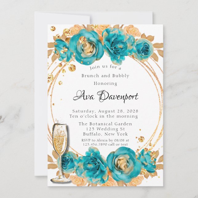 Invitation Turquoise Gold Peony Brunch géométrique et Bubbly (Devant)