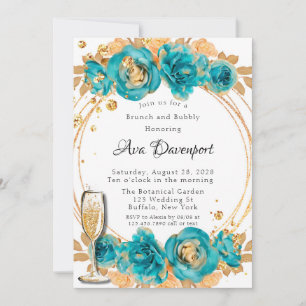 Invitation Turquoise Gold Peony Brunch géométrique et Bubbly