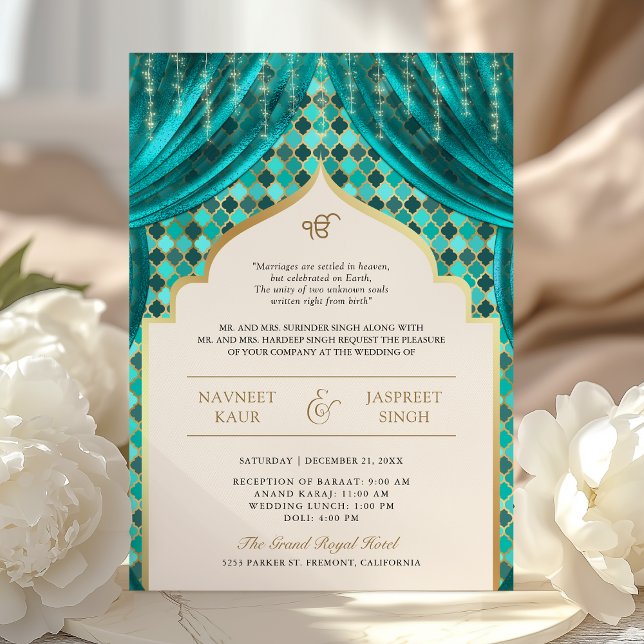 Invitation Turquoise Gold Quatrefoil QR Code Sikh Mariage (Créateur téléchargé)
