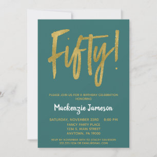 Invitation Turquoise Gold Script 50th Birthday Party Invitati