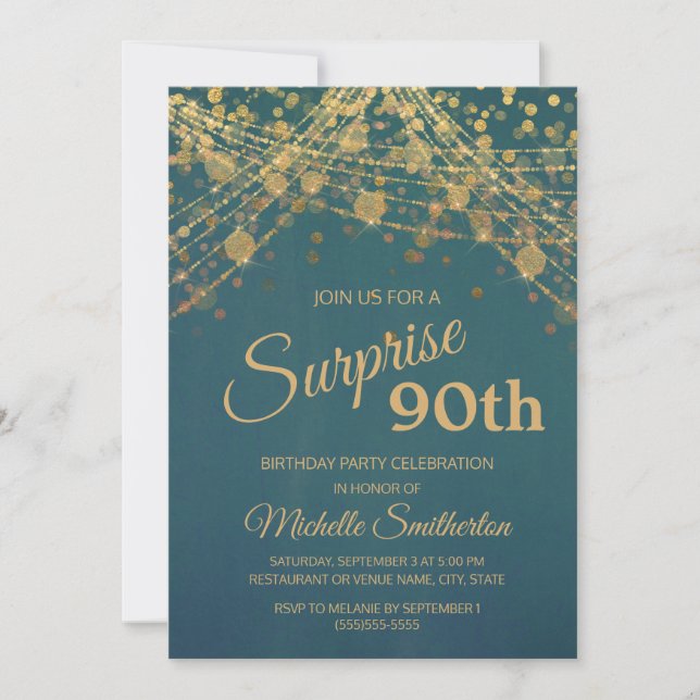 Invitation Turquoise Gold String lumières Surprise 90e annive (Devant)