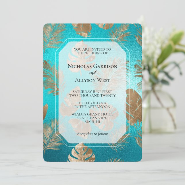 Invitation Turquoise Gold Tropical Feuille Mariage (Debout devant)