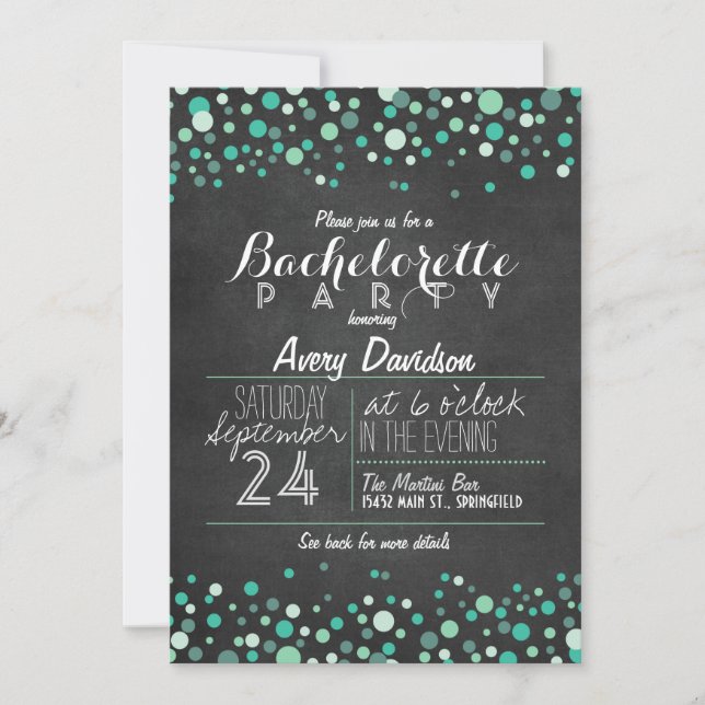 Invitation Turquoise Green Confetti Chalkboard Bachelorte (Devant)