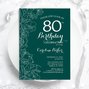 Invitation Turquoise Green Floral 80e fête d'anniversaire