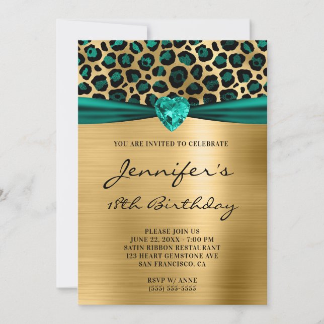 Invitation Turquoise Green Leopard Foil Coeur 18e anniversair (Devant)