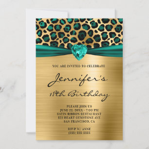 Invitation Turquoise Green Leopard Foil Coeur 18e anniversair