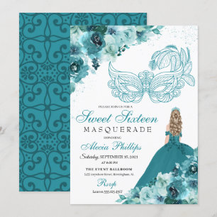 Invitation Turquoise Green Princesse Masquerade Sweet 16
