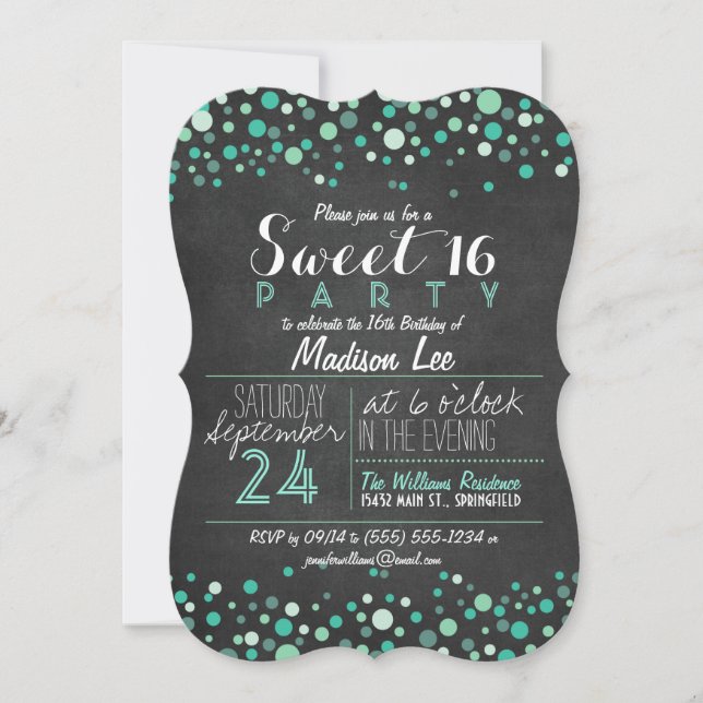 Invitation Turquoise Green Retro Chalkboard Sweet 16 Party (Devant)