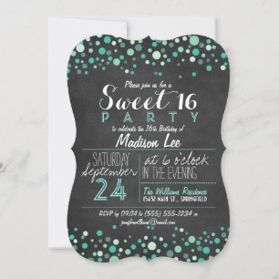 Invitation Turquoise Green Retro Chalkboard Sweet 16 Party