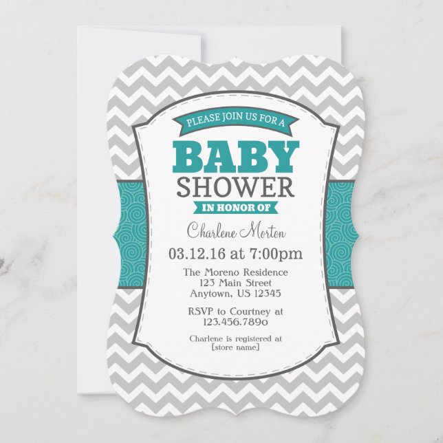Invitation turquoise Grey Chevron Baby shower (Devant)